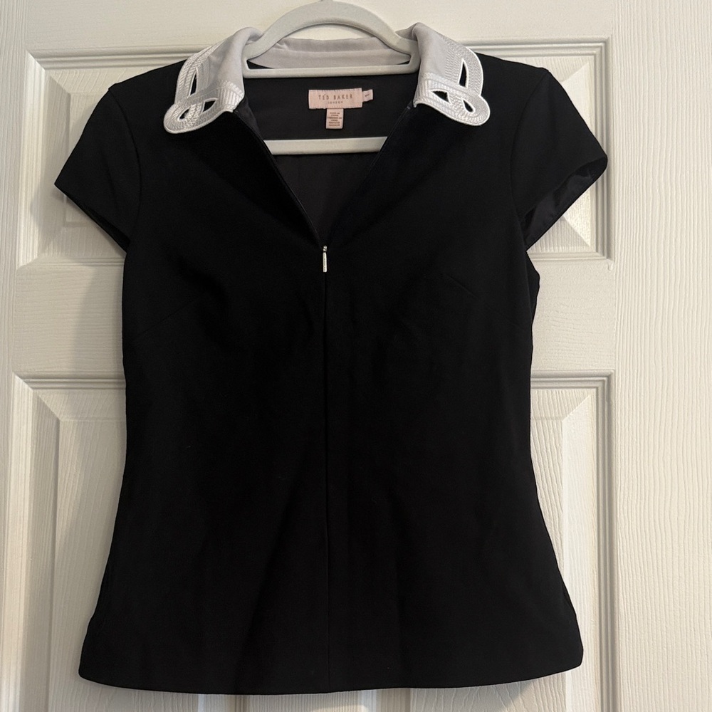 Ted Baker Navy Blouse with White Embroidered Collar